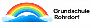 Logo der Grundschule. Ein Regenbogen über einen Berg, daneben der Schulname.